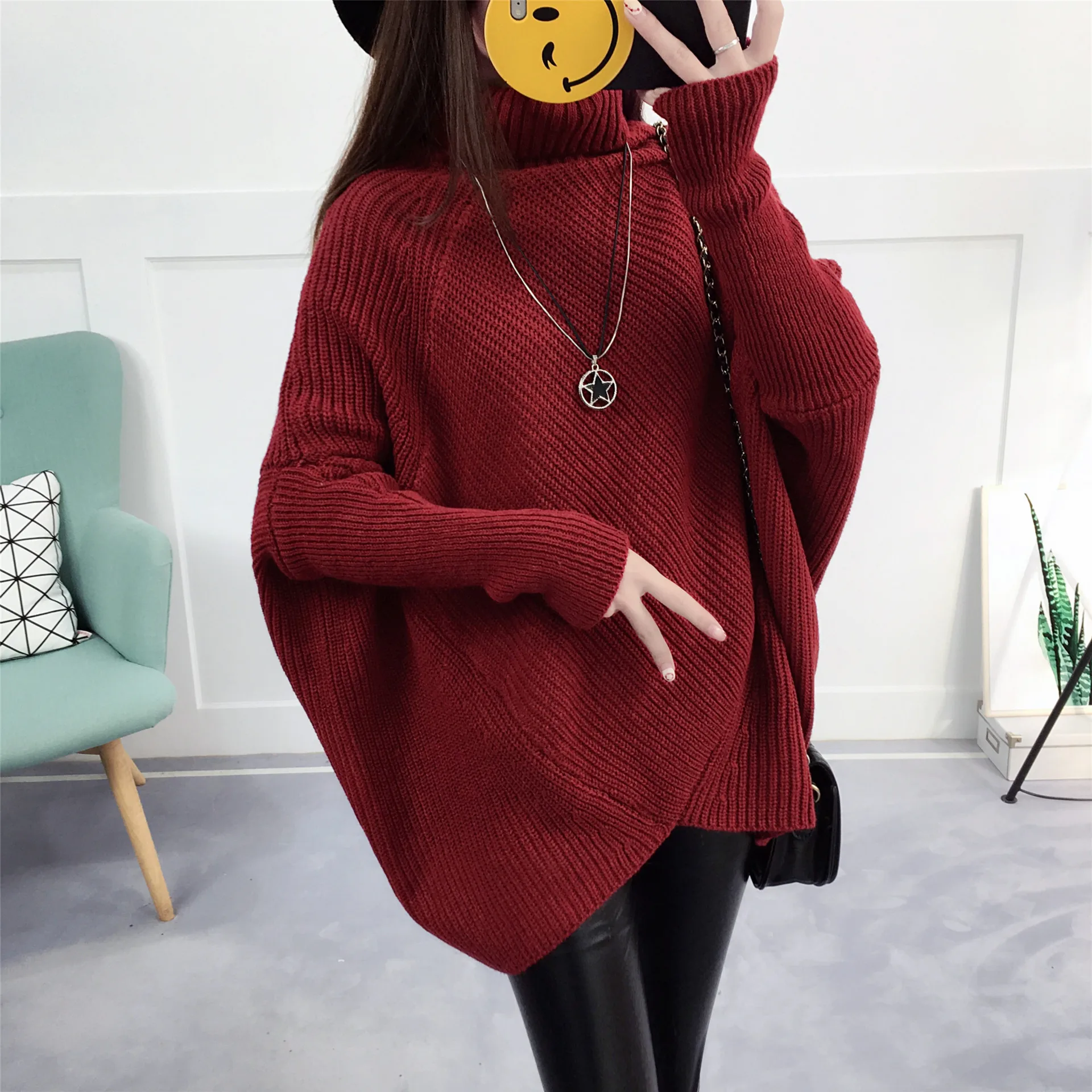LOOSE SWEATER WOMEN CASUAL 2021 TURTLENECK SOLID COLOR BAT SLEEVE AUTUMN AND WINTER THICK HOT WOMENS SWEATERS VESTIDOS LXJ643 | Женская
