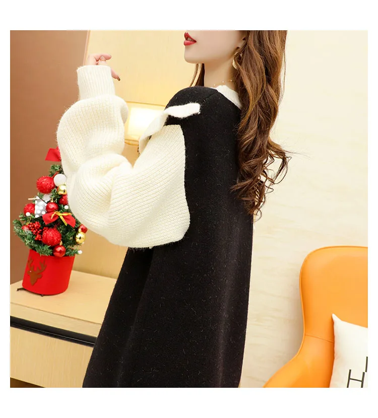 

Hsa Women Long Sweater Dress Bow Tie Loose Style Knee Length Knit Vestidos Black White Winter Dress Ruffles Sweater Pull Jumper