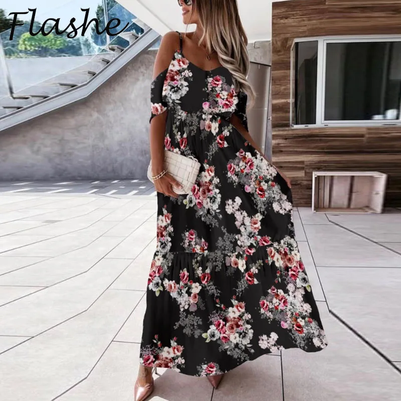

Женское вечернее платье с открытыми плечами, сексуальное летнее длинное платье с цветочным принтом, женские элегантные богемные платья с к...