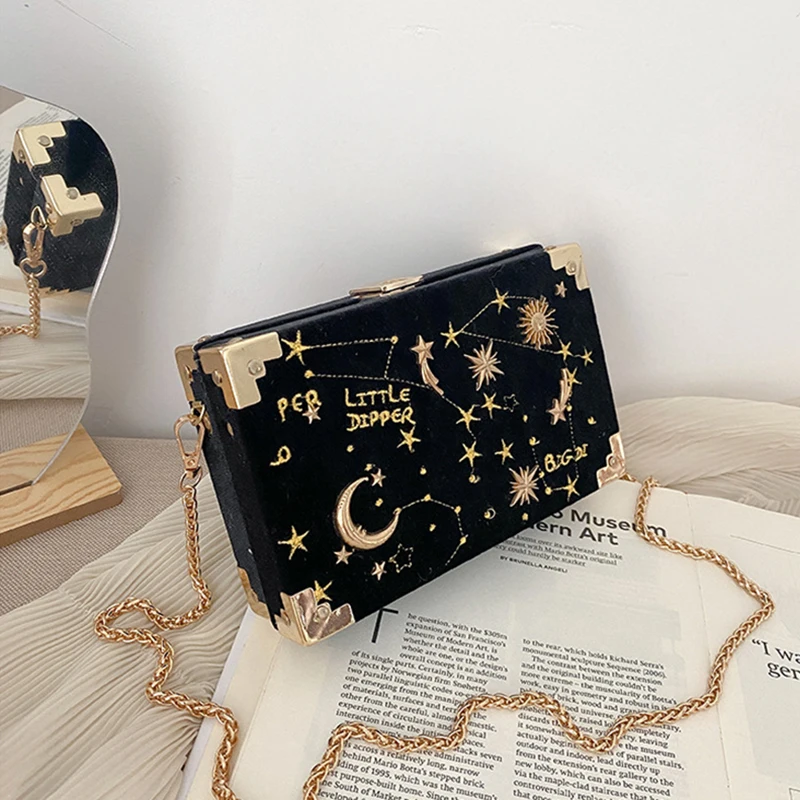 

Fashion Embroidered Velvet Women's Handbag Fashion Star Moon Decoration One Shoulder Messenger Bag Luxury Chain Tote Bag Wallet