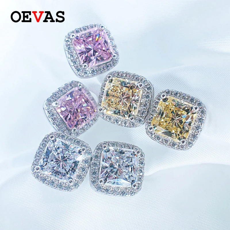 

OEVAS 925 Sterling Silver Wedding Stud Earrings For Women Sparking Full Zircon 7mm Pink Yellow White High Carbon Diamond Jewelry