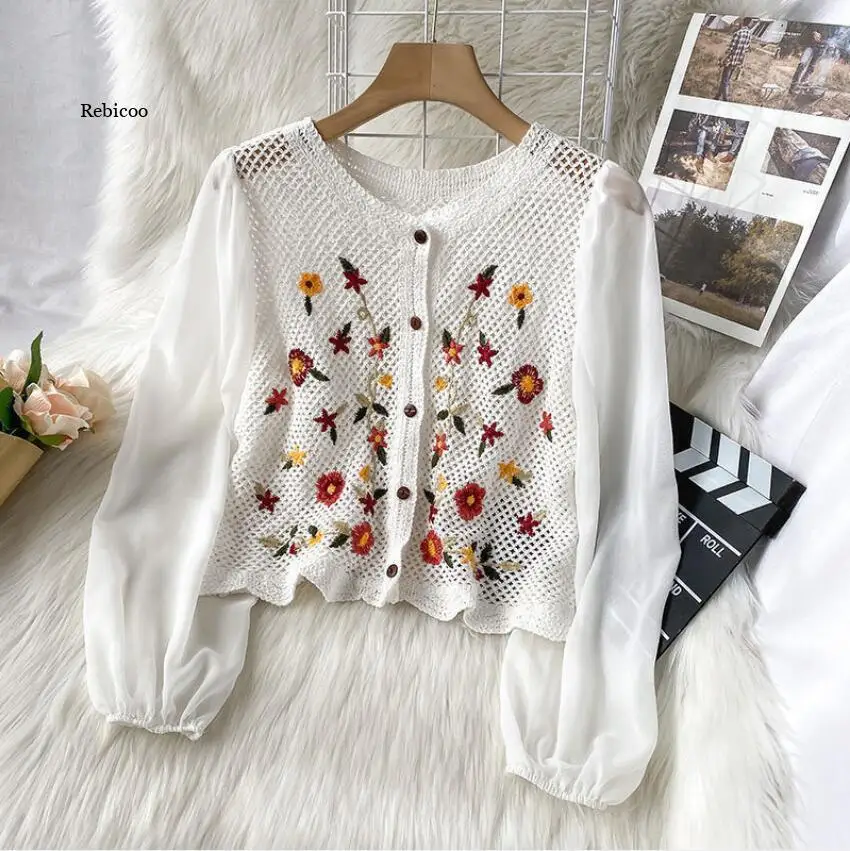 Женский короткий кардиган с вышивкой пикантные топы из органзы шифоновые