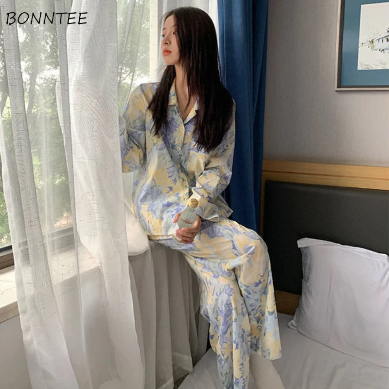 

Pajama Sets Women Fashion Elegant Ins Painting Print Turn Down Collar Autumn Long Sleeve Casual Sleepwear Girls Vintage Art Cozy