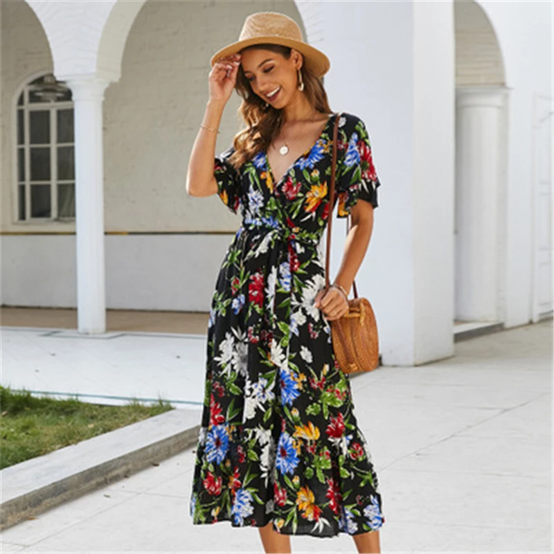 Meyooe женское платье в стиле бохо весна лето с оборками цветочным принтом запахом