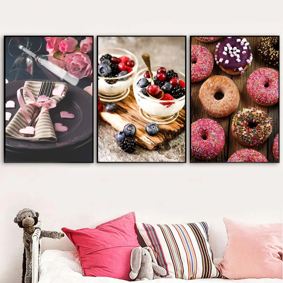 

Bakery Fruit Shop Wall Art Canvas Painting Donuts Bread Picture Nordic Poster Wall Pictures For Living Room Kitchen Unframed