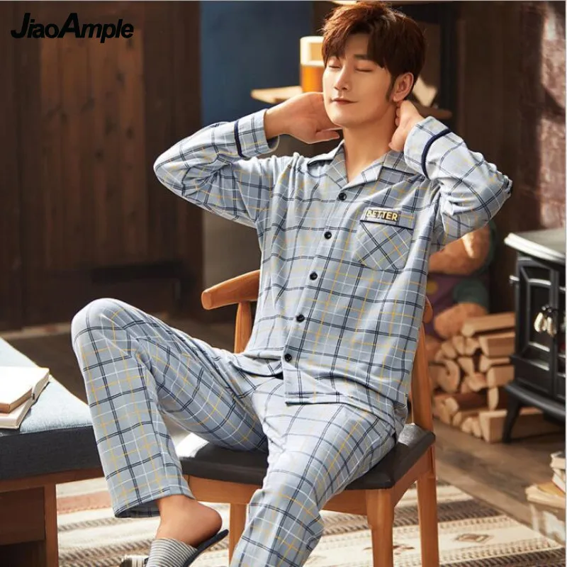 Pajamas Men's Cotton Striped Long-sleeved Trousers Two-piece Pijamas Spring Autumn Loose Homewear Casual Nightie Sleepwear Set