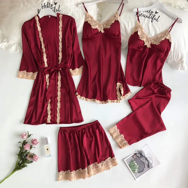 Red Женские пижамы, 5 шт., атласная Шелковая пижама, пижама из тонкой ткани, набор, Сексуальная кружевная Домашняя одежда, женская одежда для сна, домашняя одежда, пижамы - Цвет: Red