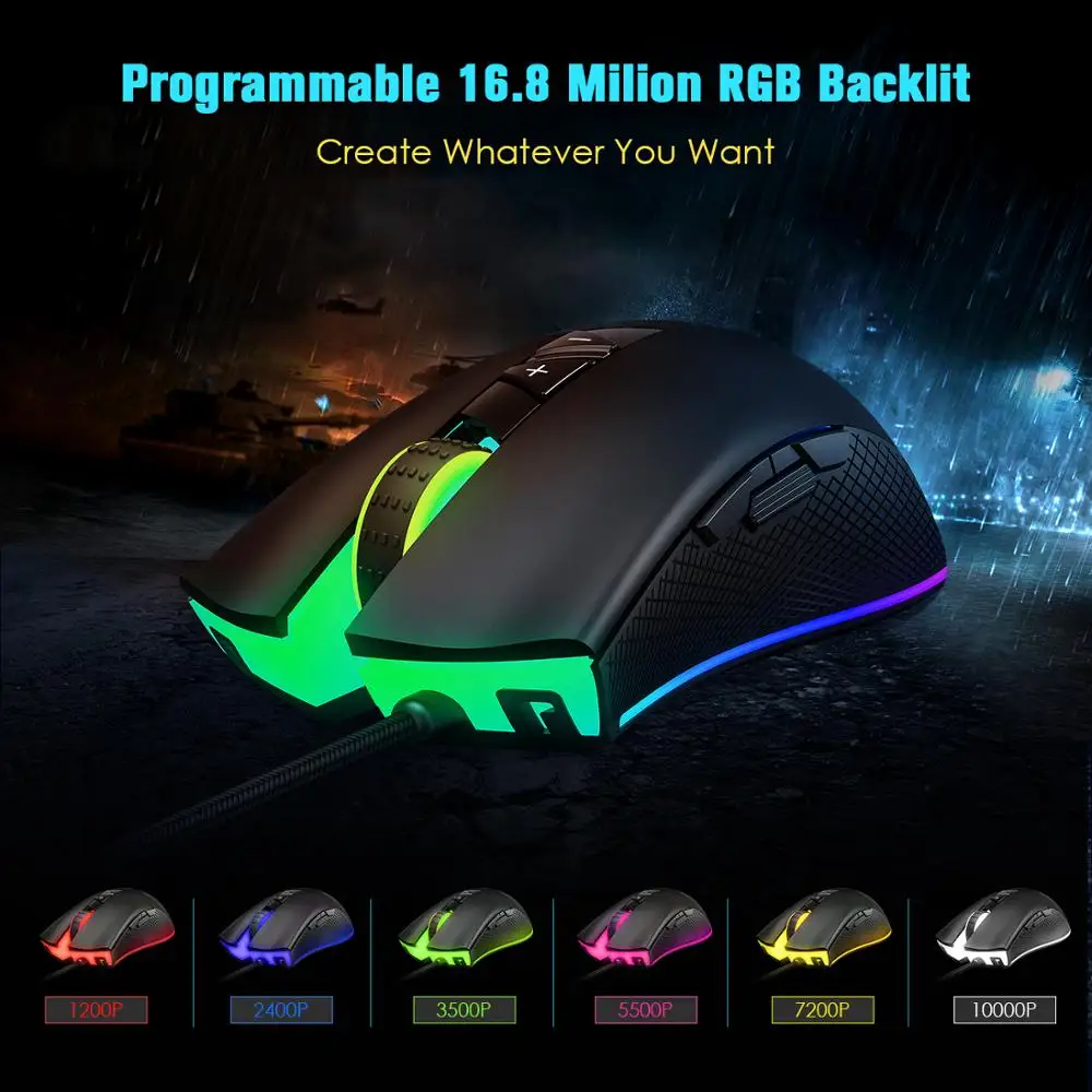 Проводная игровая мышь PICTEK PC217 RGB 8 программируемых кнопок 10000 dpi Регулируемая