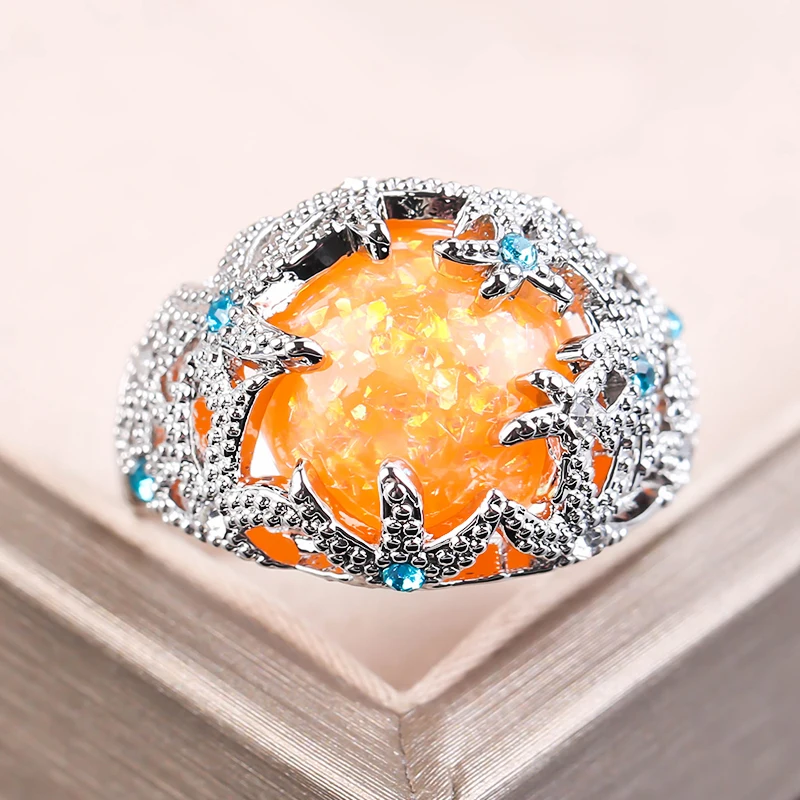 Женское кольцо с оранжевым огненным опалом Синие стразы морская звезда