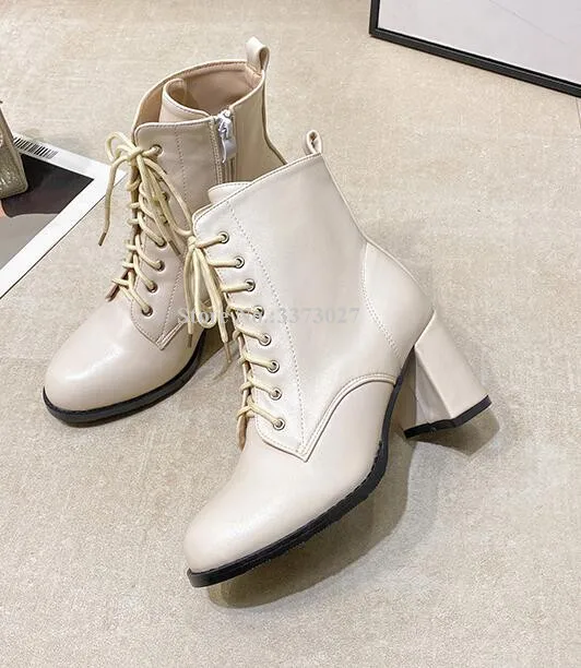 spesifikasi Baru Tumit Tebal Wanita Semata Kaki Fashion Renda-Up Anggur Merah Beige Hitam Sepatu Bot Pendek Seksi Wanita Sepatu Dropship Wanita Sepatu Bot