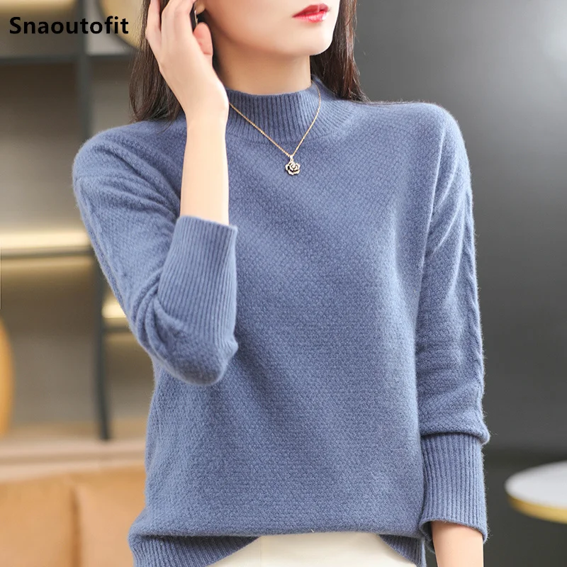 

Autumn Winter New Pure Wool Pullover Sweater Women Half High Neck Osmanthus Needle Thickening Warm Loose Wild Knitted Bottoming