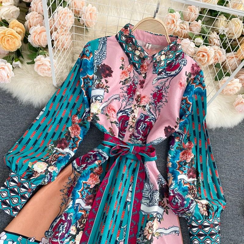 

Wavsiyier Party Long Sleeve Dresses Women Luxury Boho Elegant Vintage 2021 Runway Dress Autumn Spring A-line High Waist Lace Up