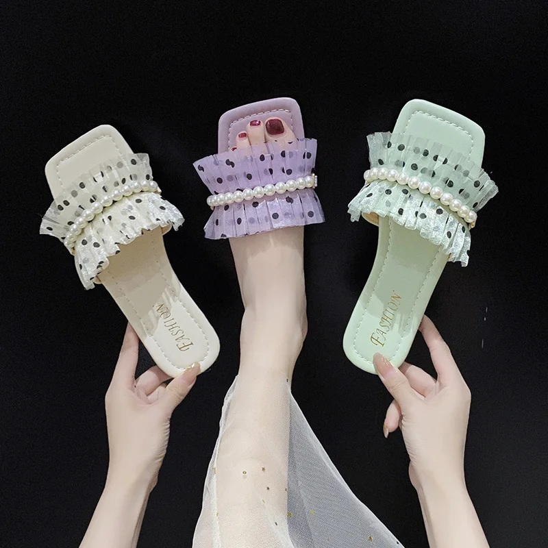 

Shoes Slippers Flat Luxury Slides Butterfly-Knot Low String Bead Slipers Women Designer Summer 2021 PU Rubber Fashion Female Sh