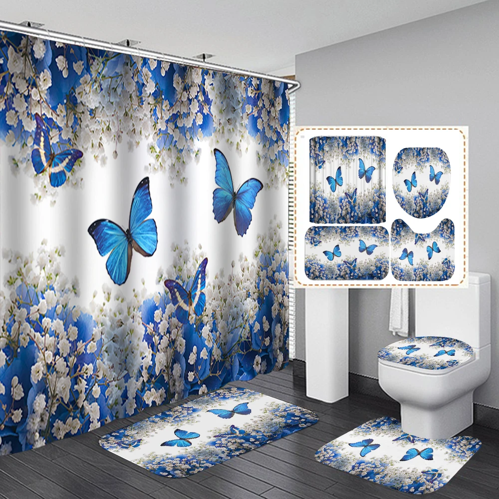 

2021 New Sakura Printed Fabric Shower Curtain Bathroom Curtain Set Flower Non-slip Carpet Toilet Cover Bath Cushion 4PCS/Set