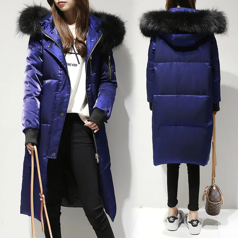 Женский пуховик с большим меховым воротником длинная парка на белом утином пуху