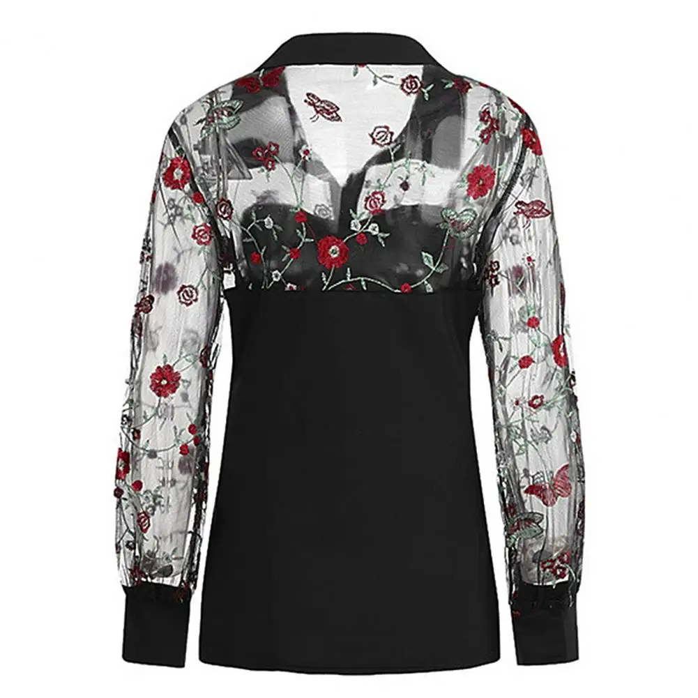 

Blouse Women Sexy Women V Neck See Through Long Sleeve Floral Sequins Slim Blouse T-shirt