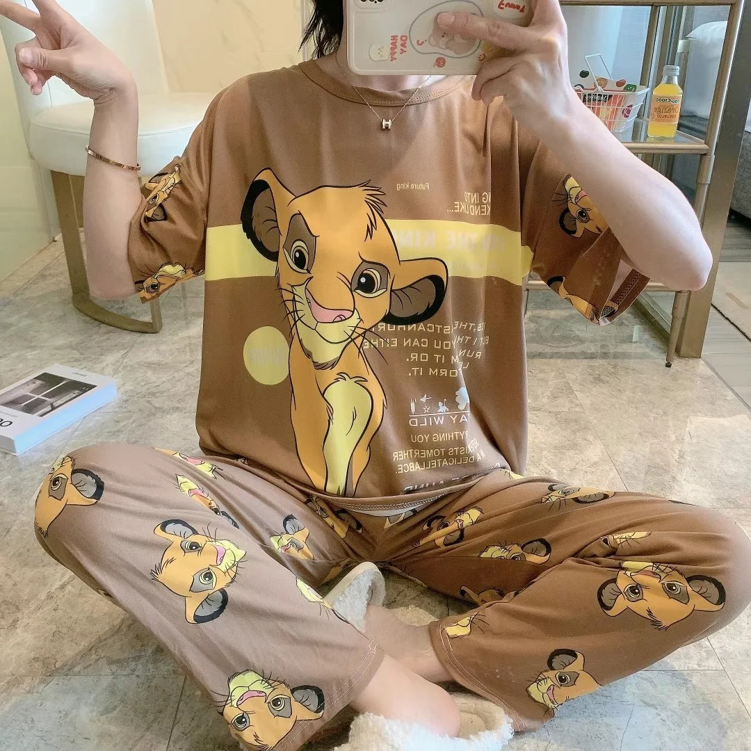 

Disney Pajama Set 2Pcs Nightwear Women Short Sleeve T Shirt and Trousers Pijama Sleepwear Simba Cartoon Print Femme Pyjamas Set