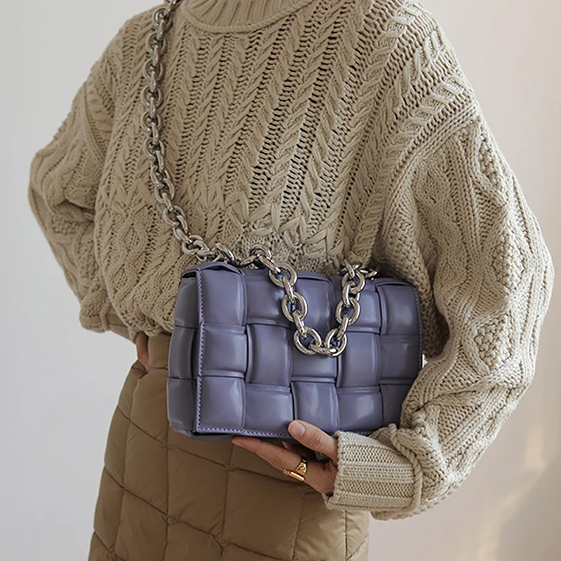 

Woman's Light luxury brand Leather pillow bag fashion single shoulder messenger bag chain purple woven small square bag New