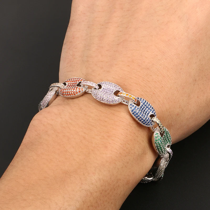 12mm Rainbow Coffee Beans Rhinestone Cuban Link Bracelet Iced Out Men's Hip Hop Brass Top Quality Charm Jewelry Dropshipping | Украшения