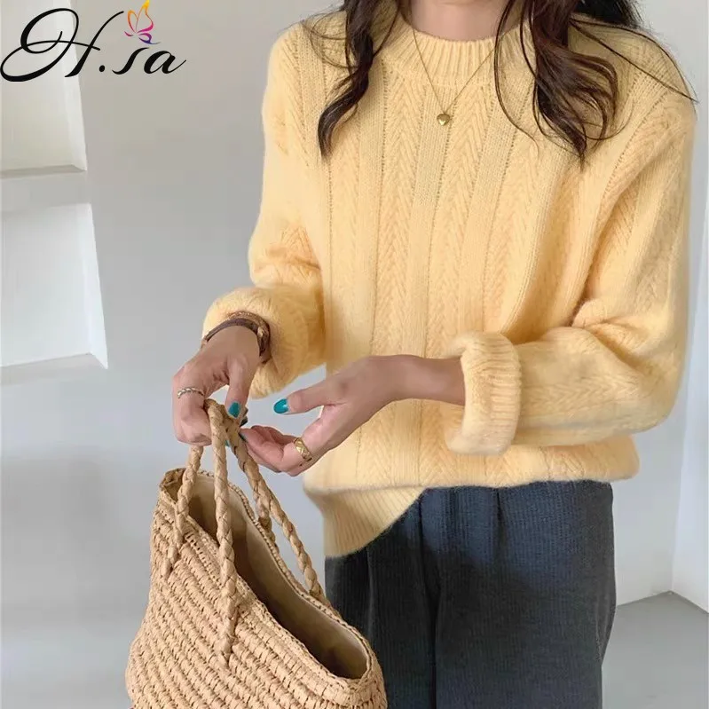 

Женский свитер Hsa, свободный базовый пуловер в Корейском стиле на осень и зиму, верхняя одежда, трикотажный джемпер с круглым вырезом