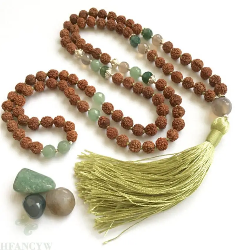 

8mm Rudraksha green Jade Tassel Mala Necklace 108 Beads Buddhism Chakas pray Wrist Fancy spirituality MONK energy natural Reiki