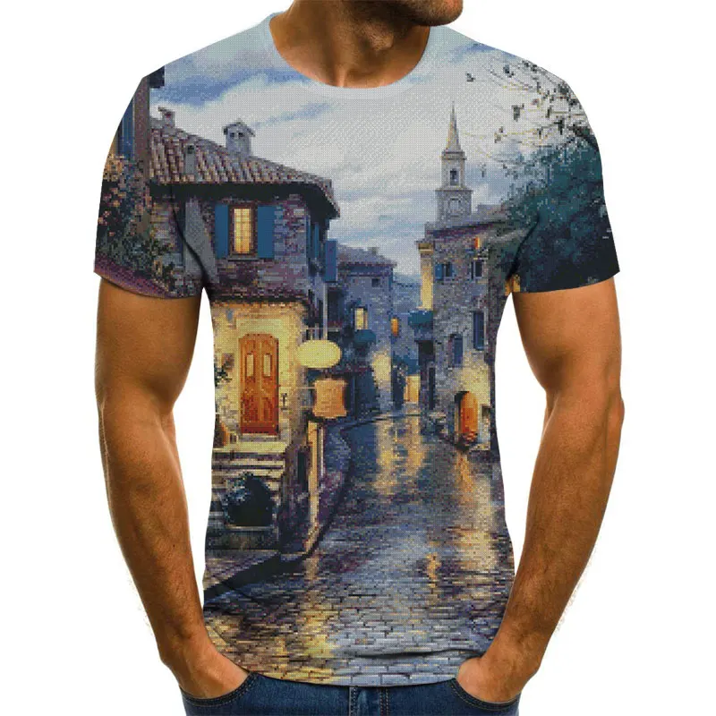 

New summer 3D printing landscape men's fashion short-sleeved casual T-shirt high-quality breathable loose fashion sports T-shirt