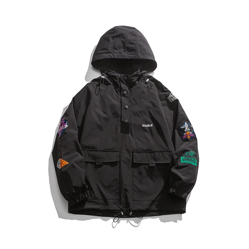 

SEVEYFAN 2021 Men's Fashion Badges Patchwork Jackets Multi Pockets Printed Hooded Coat