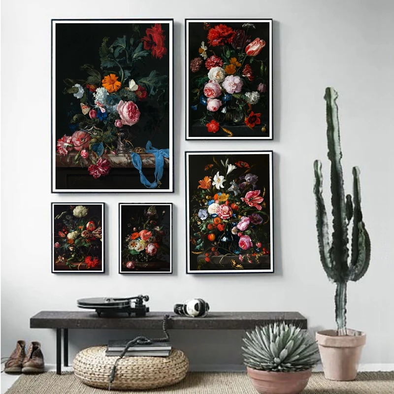 Голландский цветочный натюрморт темно с цветочным рисунком Классические тонкие