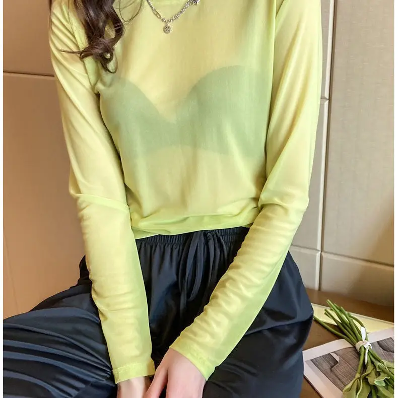 

2021 Summer Candy Color Mesh See-through Ice Silk Bottoming Shirt Women's Long-sleeved Sunscreen Inner T-shirt Loose Top