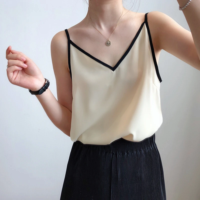 

Женская атласная шифоновая кофта LMQ, летняя верхняя одежда с V-образным вырезом, Базовая рубашка, топ без рукавов из искусственного шелка, новинка 2021