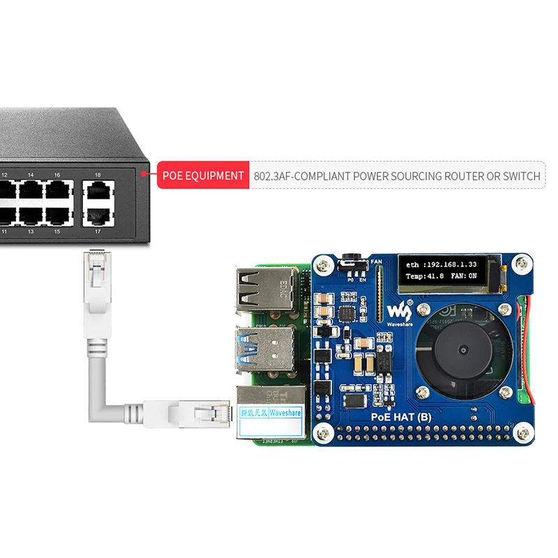 Плата Raspberry Pi 4 Power Over Ethernet HAT (B) 802.3af POE с температурным охлаждающим вентилятором OLED
