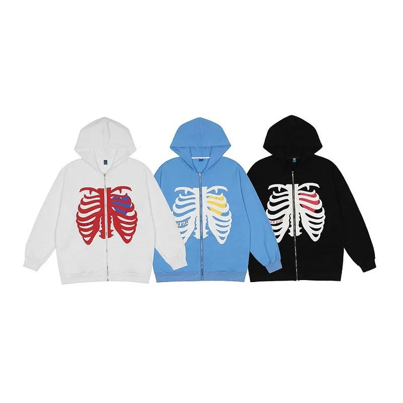 American Fashion Hot-selling Skeleton Printing Anime Men Women Long-sleeved Zipper Hoodie Jacket Loose Streetwear Y2K Pullover | Женская