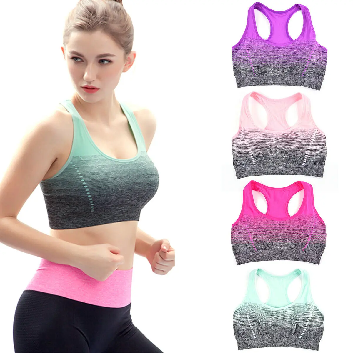 

Women’s Sports Bra Gradient Low Chest Removable Pads Tank Top Seamless Stretch Fitness Built-Up Crop Yoga Underwear