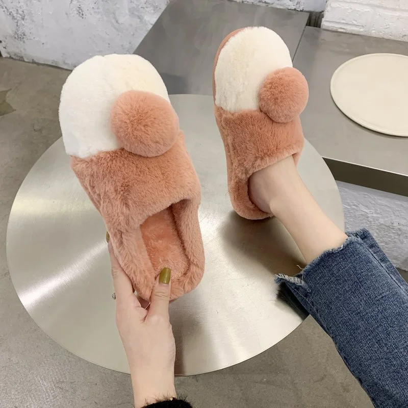 

2021 Women Winter Cute Baotou Slippers Female Warm Fur Slides Cotton Home Flip Flops Indoor Plush House Floor Shoes Flat