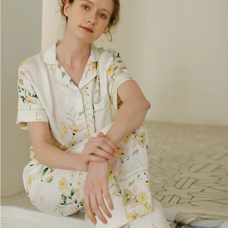 

Floral Printed Two Pcs Set Pajamas Set for Women Summer Cool Short-sleeved Long Trousers Pijama Mujer Verano Women Pijama