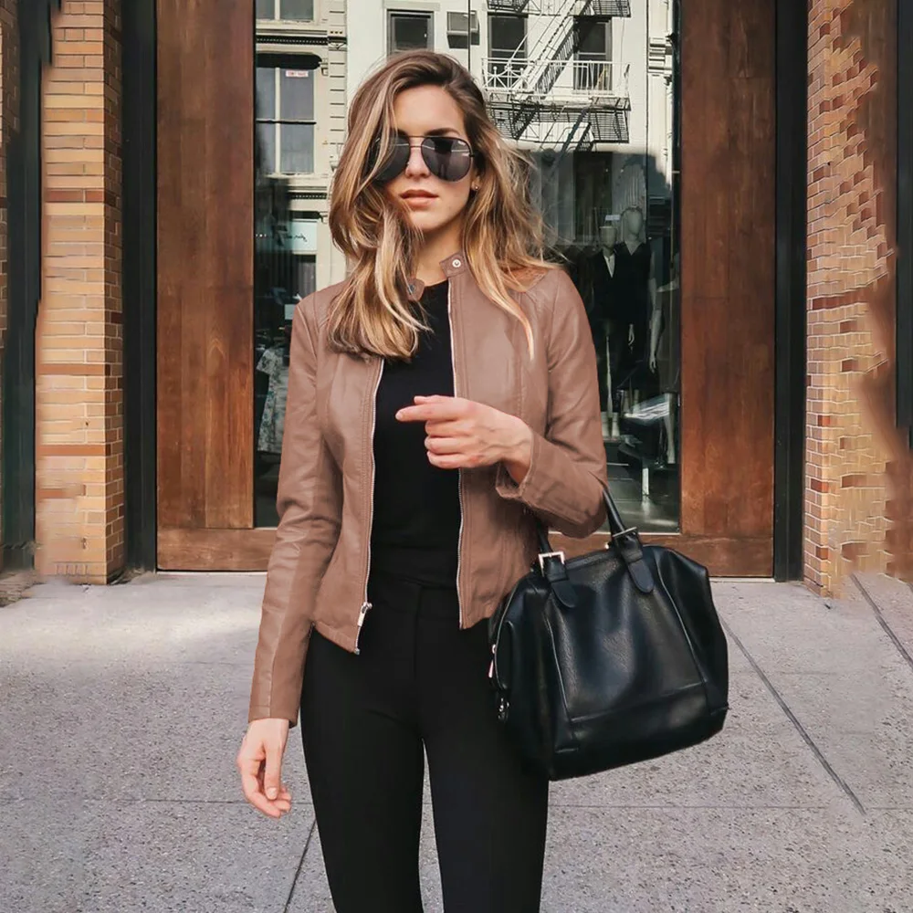 Casual Solid Color Zipper Women Jacket 2022 New Product Hot Sale Autumn Winter Fashion Stand Collar Slim Leather PU Small Suit