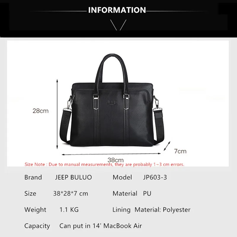 JEEP BULUO Men Shoulder Fashion PU Leather Business Bags Handbags Black Bag Men For Document Leather Laptop Briefcases Bag