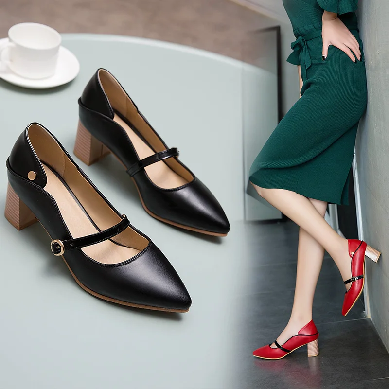 

2021 Fashion women's shoes High heels pumps women shoes Sexy Pointed Square heel pumps Black red Office female shoes Party shoes