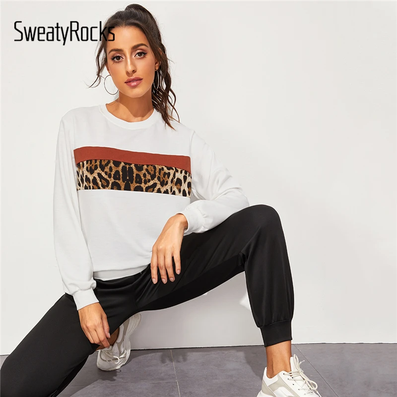 SweatyRocks белый леопардовый принт цветной пуловер Осенняя активная одежда толстовки основы Повседневная Толстовка для отдыха