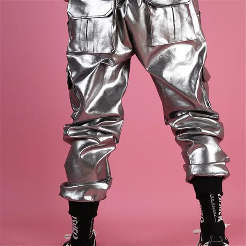 Мужские повседневные кожаные шаровары уличные Серебристые брюки-карго с