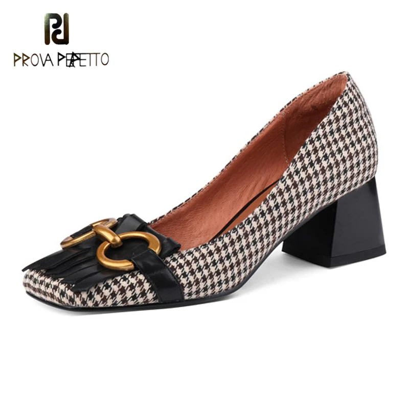 

Cowhide Retro Small Fragrant Style Houndstooth Square Toe Mid-heel Metal Buckle Decoration Color-blocking Tassel Single Shoes