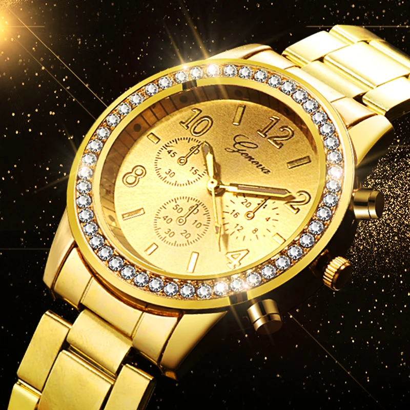 Женские Классические роскошные часы женские модные золотые с бриллиантами
