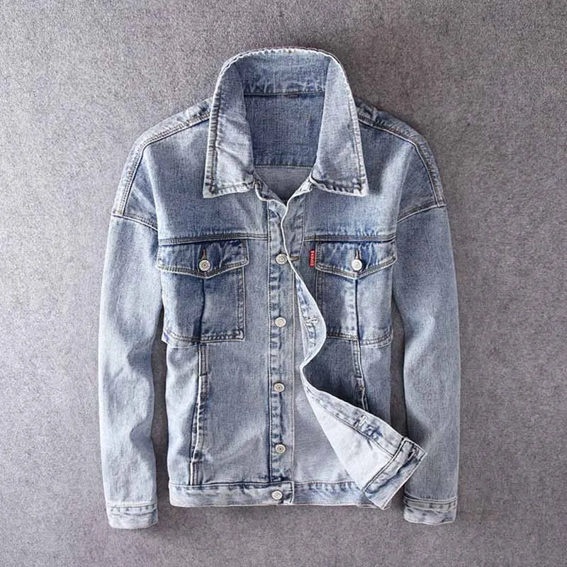 

Mcikkny Men's Solid Color Denim Jackets Letter Drill Shinny Jeans Jackets Turn Down Collar Outwear Coats For Male Washed