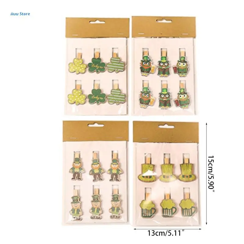 

6pcs Patrick's Day Shamrock Clover Clips Handicrafts Note Memo Photos Papers Clothes Pegs