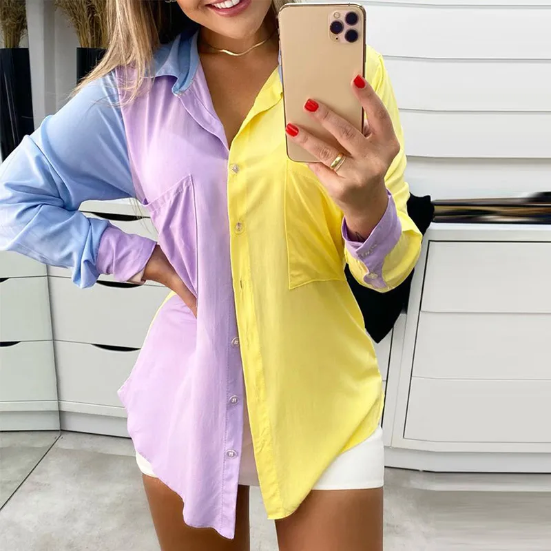 

Color Block Single Breasted Long Sleeve Lady Shirt Turn Down Collar Casual Loose Simple Basic Women Blouse Shirts Summer Fashion