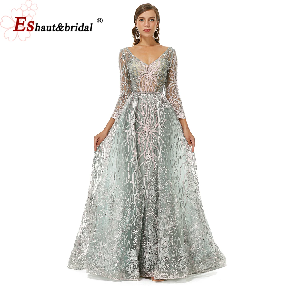 

Luxury Lace Evening Night Dresses 2022 Mermaid V Neck Long Sleeves Crystal Handmade Formal Wedding Prom Party Gowns
