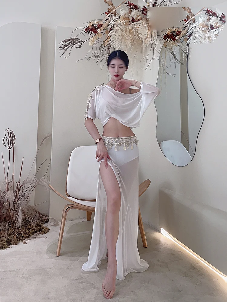 Женский костюм для танца живота белый выступлений из сетчатой ткани с топом и