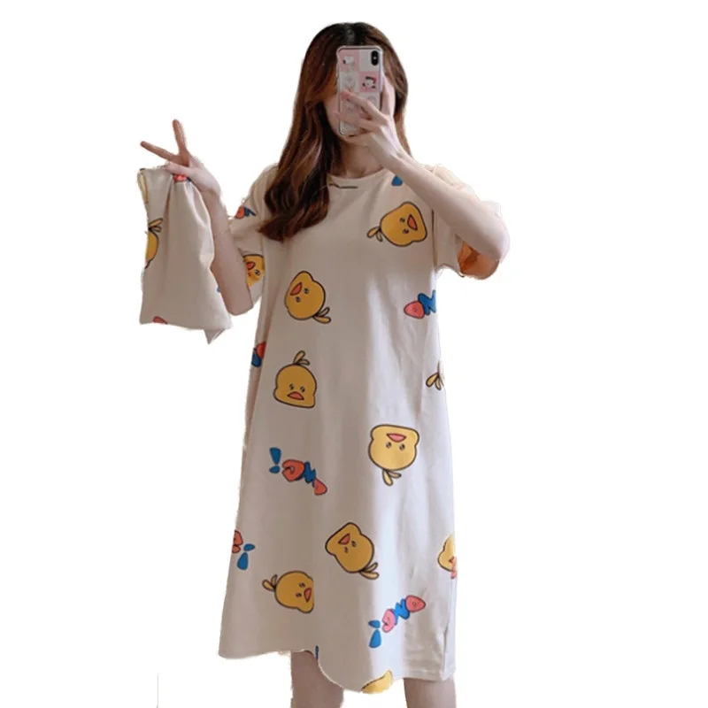 

2021Summer New Women's Nightdress Round Neck Short Sleeve Sweet and Cute Plus Size Women's Home Service Sleepwear Sleep Tops