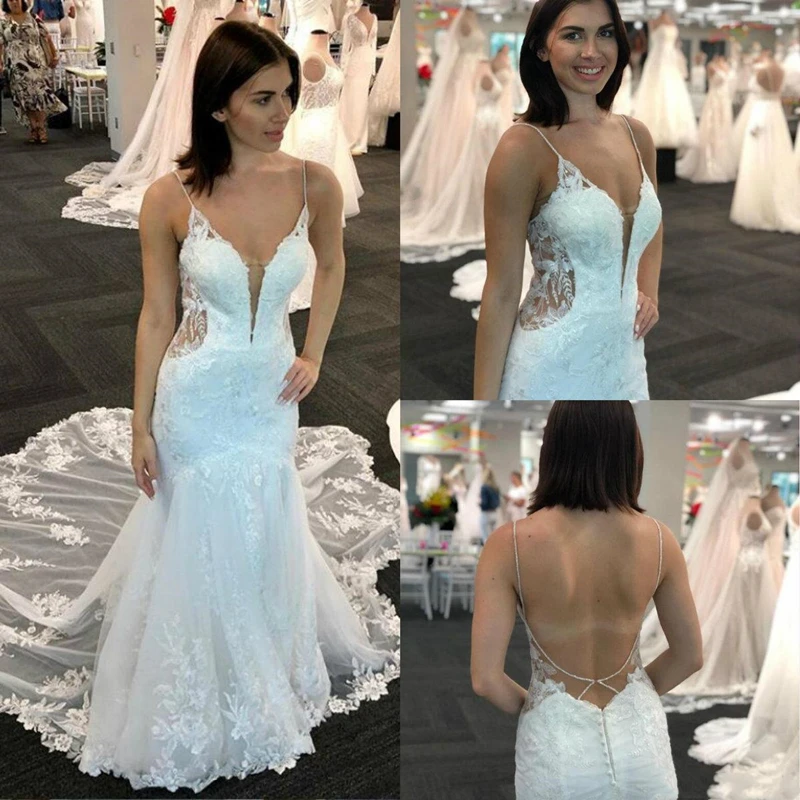 

Sexy Open Backless Mermaid Wedding Dresses Spaghetti Straps Hollow Appliqued Lace Bridal Gowns Formal Robe de Mariee 2021