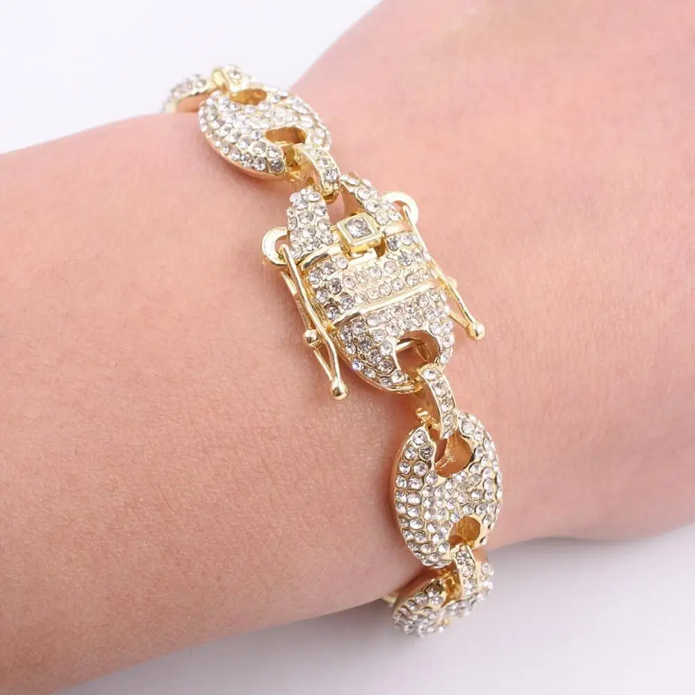 Men's bracelets iced out bling USA street rapper dancer hip hop cz link cuban chain coffee bean pig nose box with tongue clasp